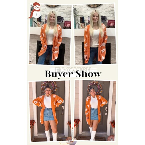 Women's Wool Blend Long Cardigan Sweater with Floral and Stripes Casual Wear - Picture 6 of 8